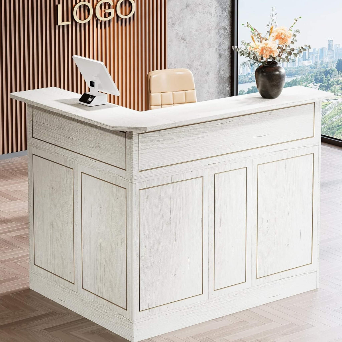 Modern L-Shaped Reception Desk With Storage Shelves (SAK81036)