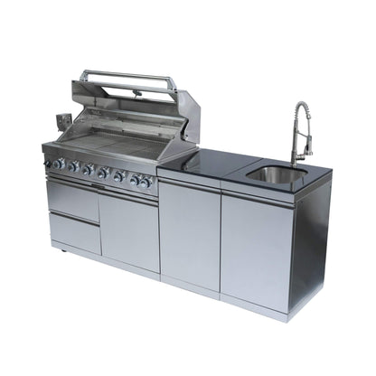 Castelle Flame Outdoor BBQ Kitchen Island With 43-Inch 6-Burner 85K BTU Propane Gas Grill, Rotisserie Kit, And Storage Cabinets (SAK95623)