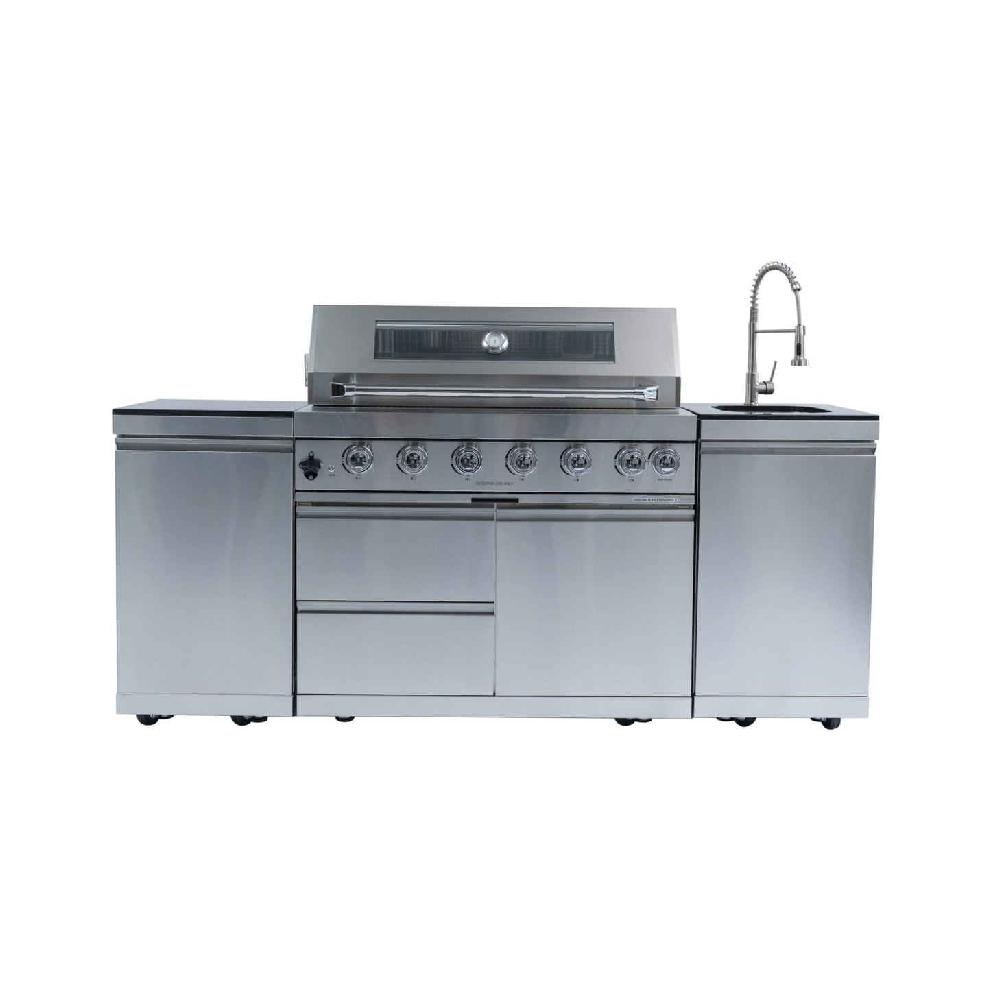 Castelle Flame Outdoor BBQ Kitchen Island With 43-Inch 6-Burner 85K BTU Propane Gas Grill, Rotisserie Kit, And Storage Cabinets (SAK95623)