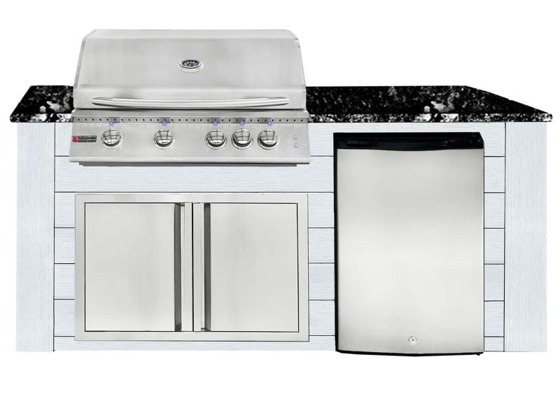 RCS 4-Burner 6-Foot Gas Grill Island with Rear Infrared Burner, Refrigerator, Access Door, White Cabinet & Black Granite Countertop
