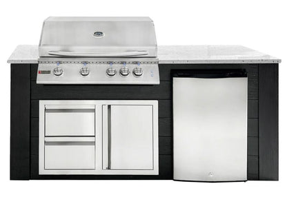 RCS 4-Burner 6-Foot Gas Grill Island with Rear Infrared Burner, Refrigerator, Access Door, Black Cabinet & White Granite Countertop