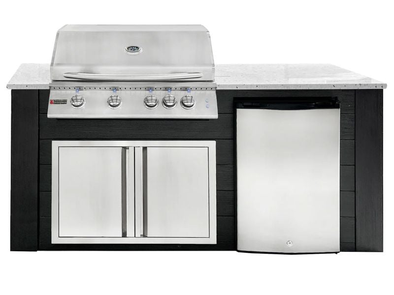 RCS 4-Burner 6-Foot Gas Grill Island with Rear Infrared Burner, Refrigerator, Access Door, Black Cabinet & White Granite Countertop