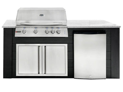 RCS 4-Burner 6-Foot Gas Grill Island with Rear Infrared Burner, Refrigerator, Access Door, Black Cabinet & White Granite Countertop